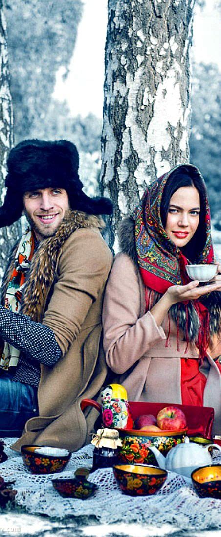 russian beauty russian girls fashion folk winter tea time snow