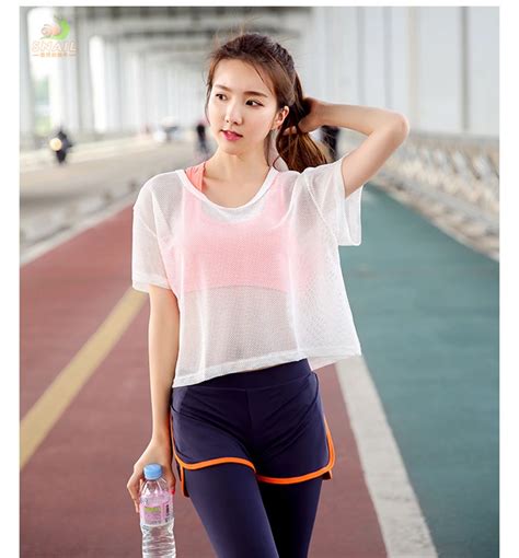 gym clothing korean version   summer yoga suit fitness wear net gauze blouse transparency