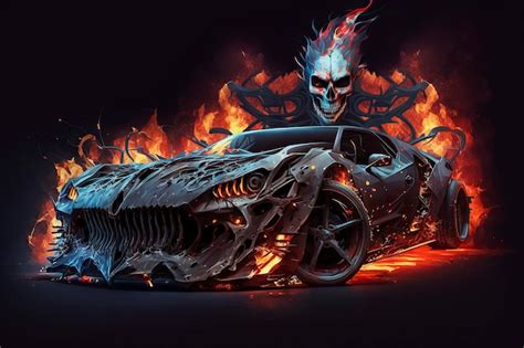 premium ai image  skull car  flames   side