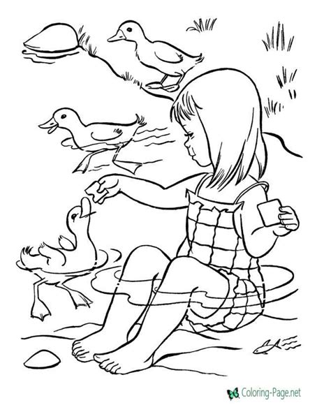 summer coloring pages girl feeds ducks