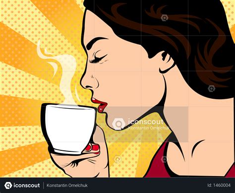 premium girl with cup of coffee pop art retro style