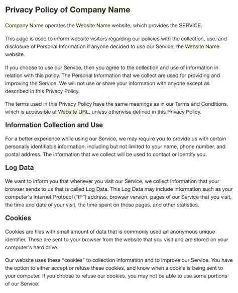 privacy policy sample privacy policy template