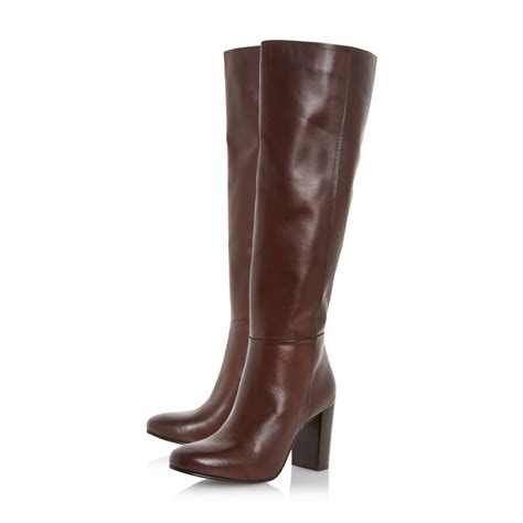 dune siena block heel leather knee high boots in brown lyst
