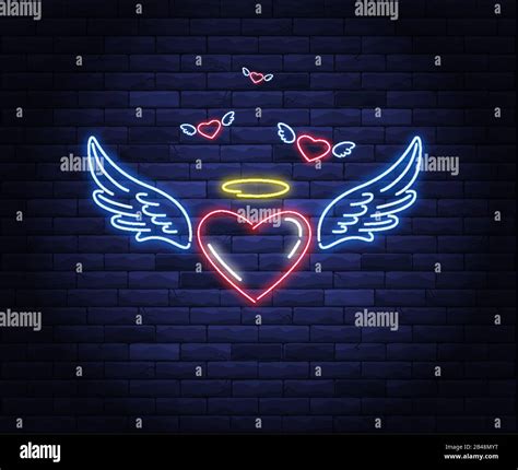 Illuminated Neon Heart With Angel Wings And Halo Stock Vector Image