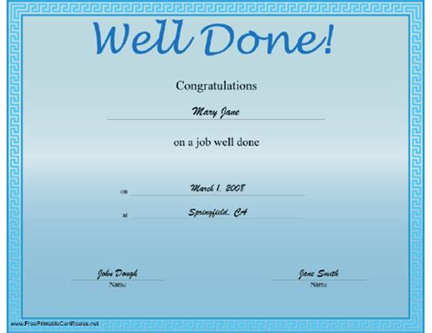 light blue certificate offering congratulations   job