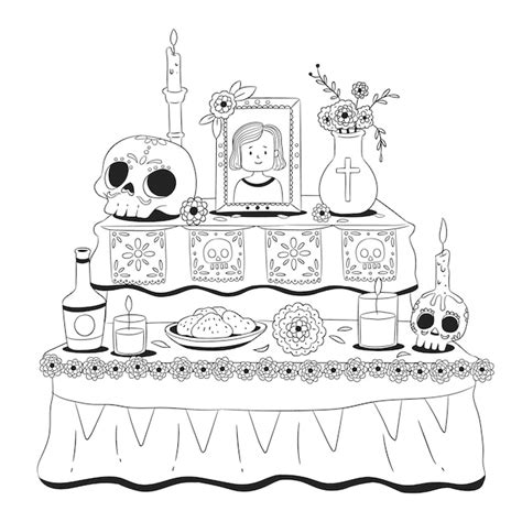 vector hand drawn altar de muertos coloring page illustration