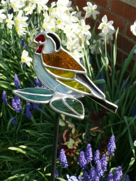 Gold Finch Stained Glass Garden Stake Dragonfly Glass Art