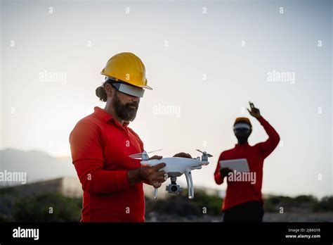 drone engineer working  futuristic glasses  construction site aerial engineering concept