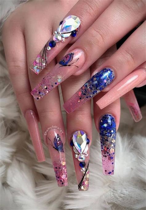 60 Acrylic Coffin Butterfly Nails Purple Neduvaali