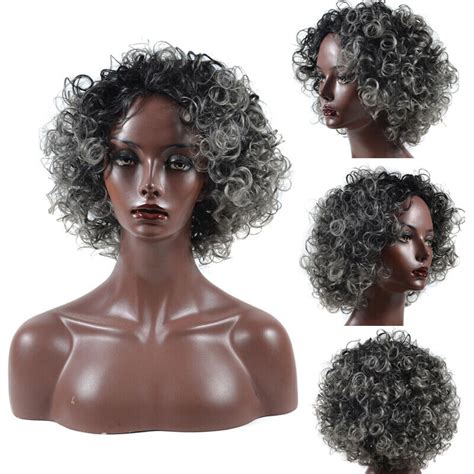 Short Afro Curly Wigs For Women Ombre Grey Curly African American Hair
