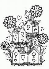 Coloring Pages Garden Flower Bird House Birdhouse Gardens Clipart Printable Print Colouring Flowers Houses Color Outline Drawing Clip Adults Birds sketch template