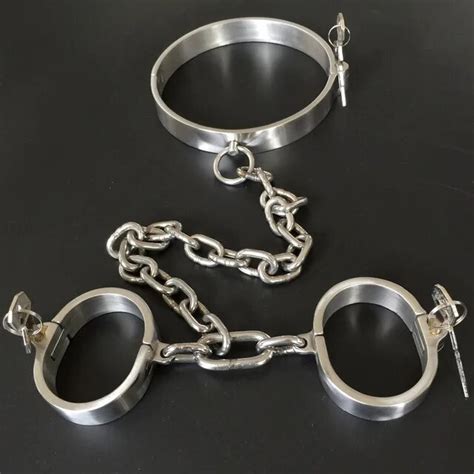 stainlees steel neck collar chain hand cuffs bondage set sex games