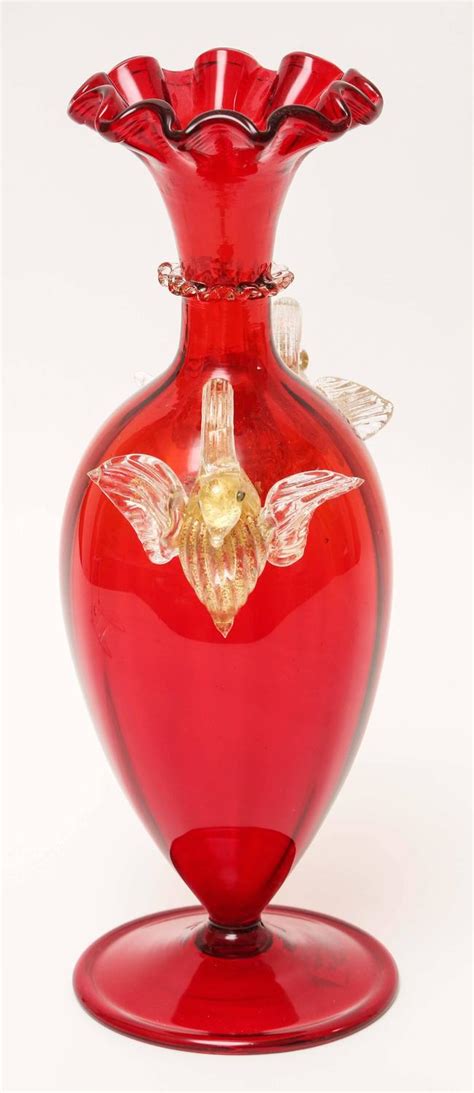 Stunning Red Venetian Vase With Double Swan Handles 24