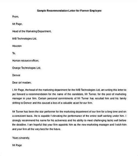 recommendation letter   employee templates  letter