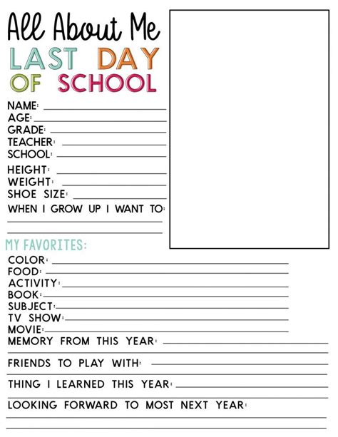 day  school printable fill  sheet school year memories