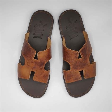 Mens Slides Hermes Men Leather Slides Leather Sandals Pagonis Greek