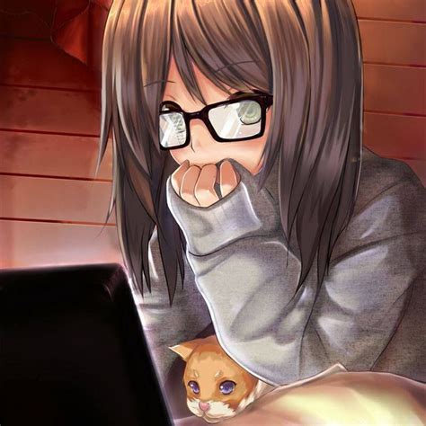 Anime Girl Brown Hair Brown Eyes Gray Dress Eye Glasses Cat