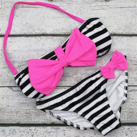 Swimwear Black And White Stripes Hot Pink Bows Bandeau Bikini