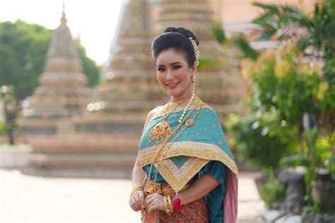 Portrait Asian Women Smiling And Wearing Thai National Costumes Are