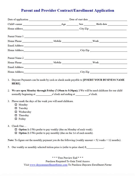 printable daycare application form  parents