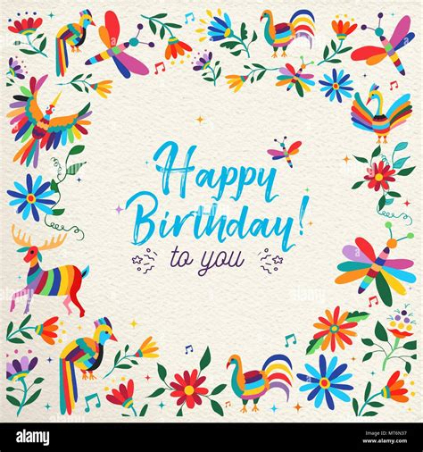 happy birthday design  colorful otomi style spring flowers