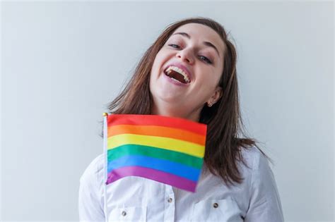 Premium Photo Beautiful Caucasian Lesbian Girl With Lgbt Rainbow Flag