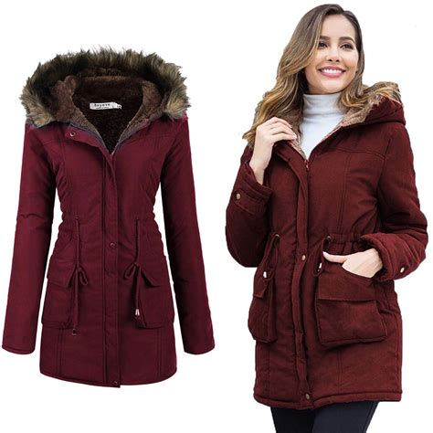 womens hooded warm winter coats  faux fur lined outwear jacket