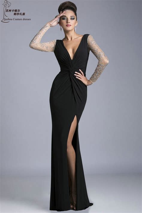 mermaid long sleeve black prom dresses pm1140 sexy v neck long party dresses elegant women