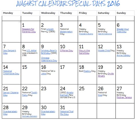 august calendar printable special days adventures  kids creative chaos