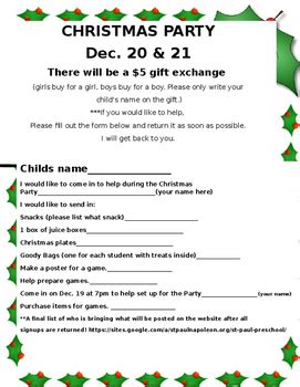 christmas party signup sheet editable holiday precious preschoolers