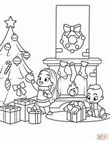 Coloring Fireplace Pages Christmas Tree Kids Near Printable Drawing sketch template