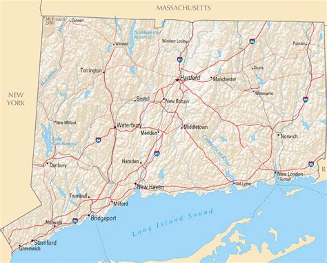 large detailed roads  highways map  connecticut state  relief
