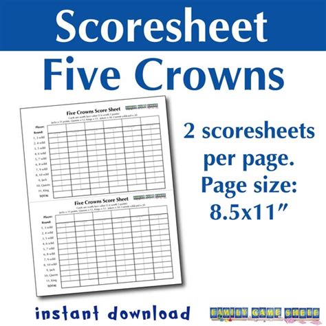 printable  crowns card game scoresheet etsy