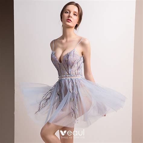 Sexy Sky Blue See Through Summer Party Dresses 2018 A Line