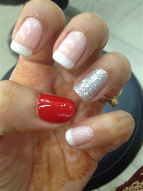 French Manicure With Silver Glitter N Red Manicure