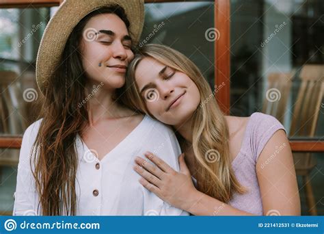 Two Lesbians Have A Date In Cafe Stock Image Image Of Attractive