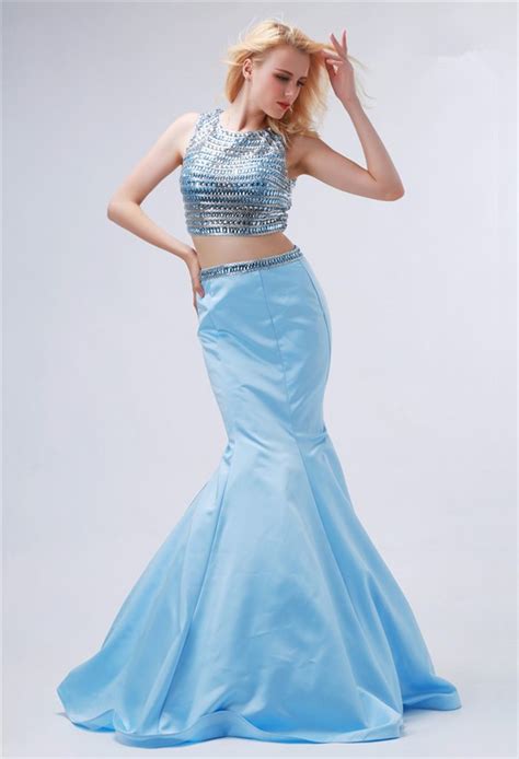 mermaid open back two piece light blue satin beaded prom dress