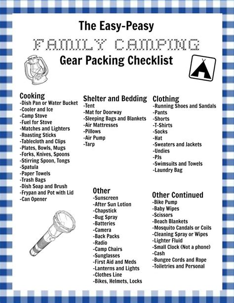 family camping camping checklist printable