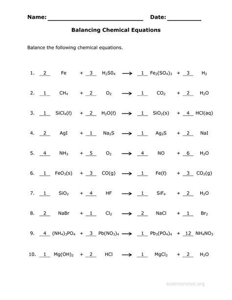 answer key   balance chemical equations worksheet eigram