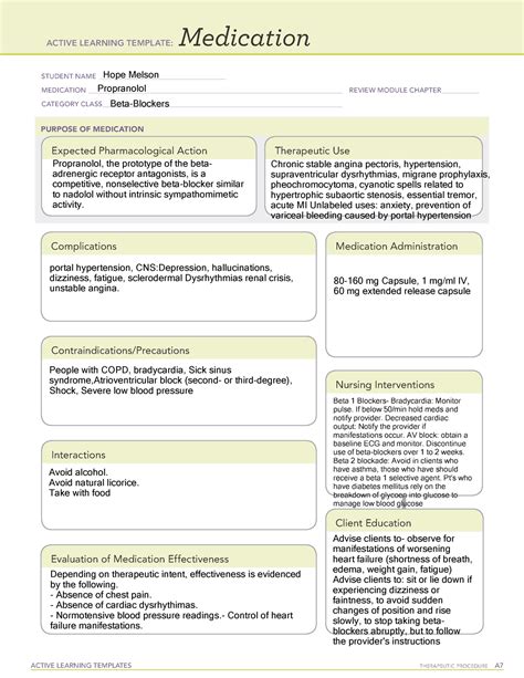 ati medication template propranolol active learning templates