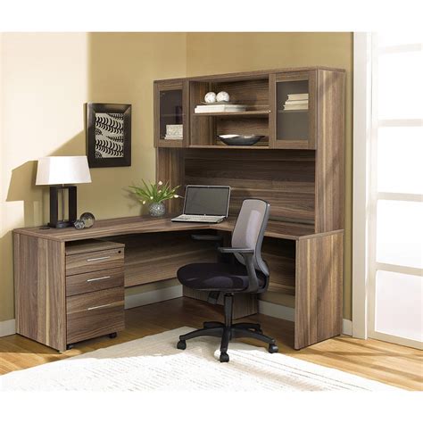 modern walnut  shaped desk  hutch mobile pedestal officedeskcom