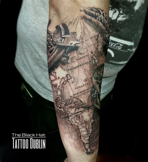 second part of this amazing compass and world map tattoo sleeve by the