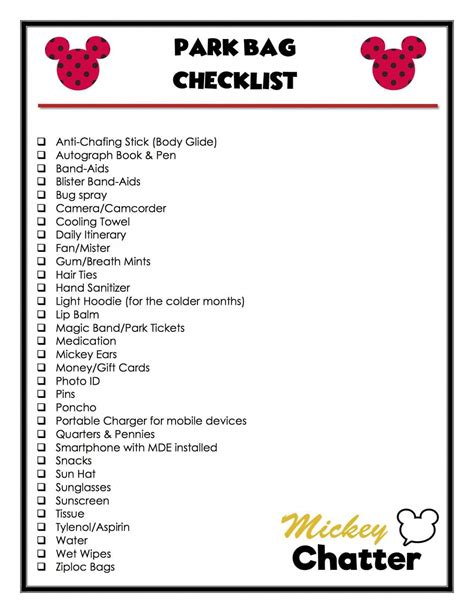 disney park bag checklist  printable list