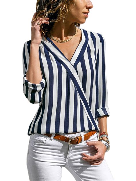 Himone Womens Striped Shirt Casual Blouse Long Sleeve V Neck Loose