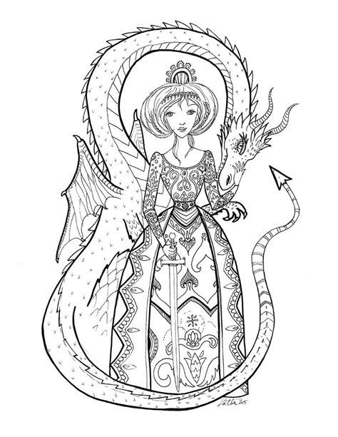 coloring book page dragon princess black  white lineart etsy
