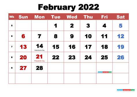 february  calendar  holidays printable
