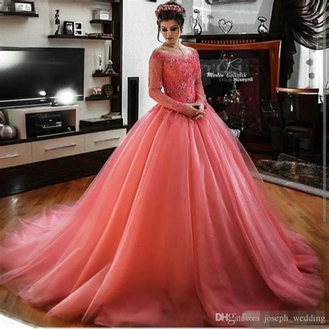 Coral Long Sleeves Lace Tulle Ball Gown Prom Dresses Off