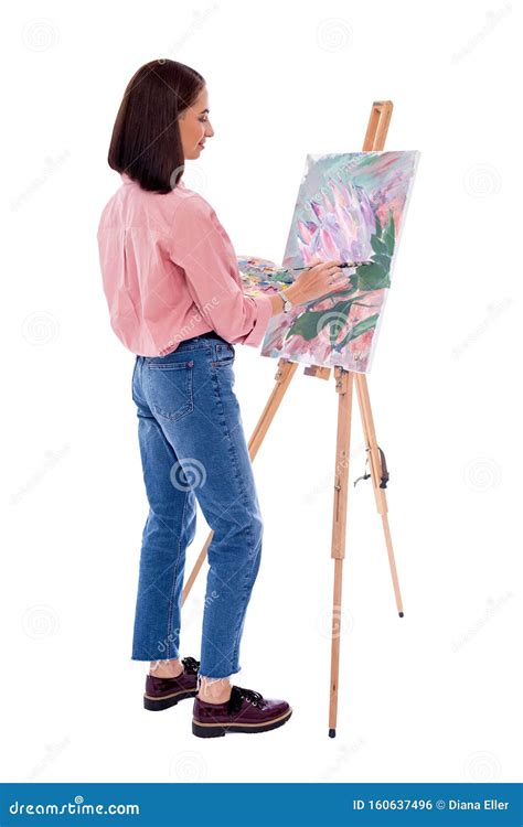 Full Length Back View Of Young Woman Artist With Easel Palette And