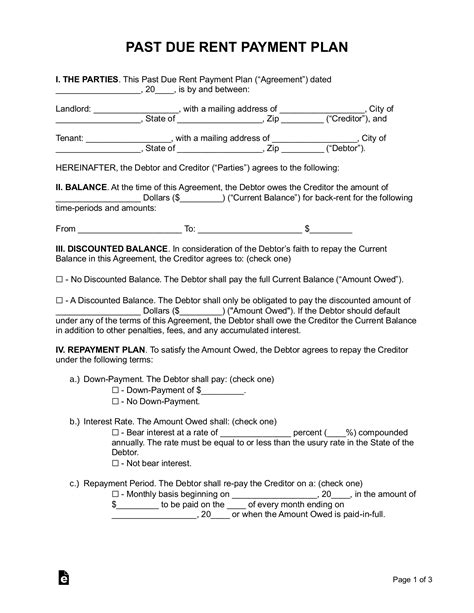 due rent payment plan agreement  word eforms