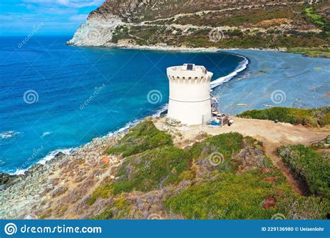 aerial view   black pebble beach nonza mediterranean scrub hillsides close   coast